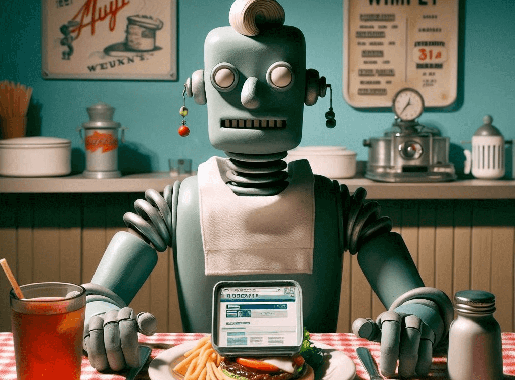 An AI image of a robot eating a website for lunch