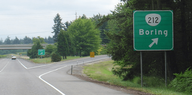 A motorway sign leading to a town called Boring