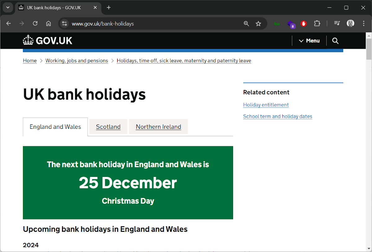 A screengrab of the bank holidays page from the gov.uk website