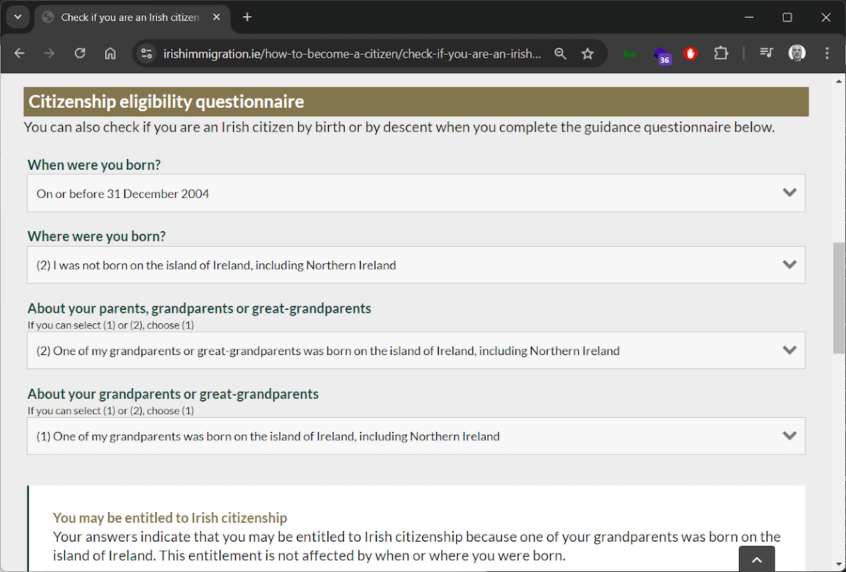 A screengrab of the citizenshup checker from the Irish Immigration website