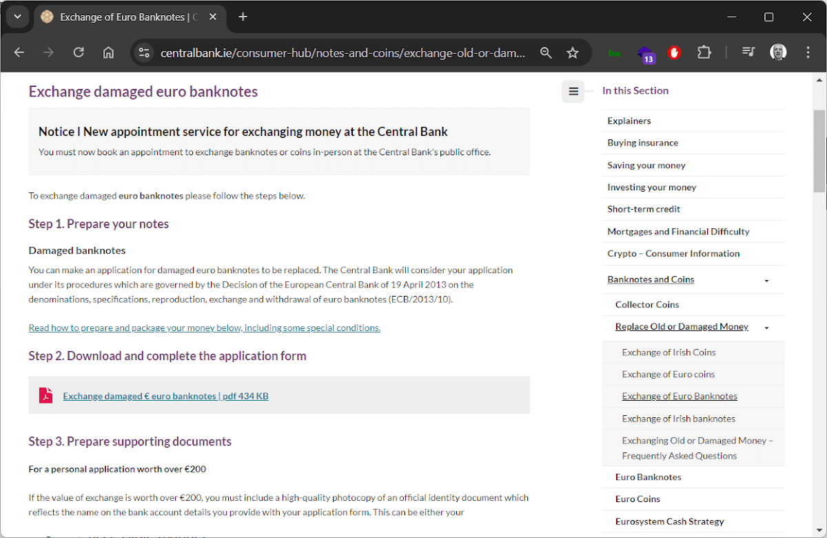 A screengrab of the exchange money page from the Central Bank of Ireland's website