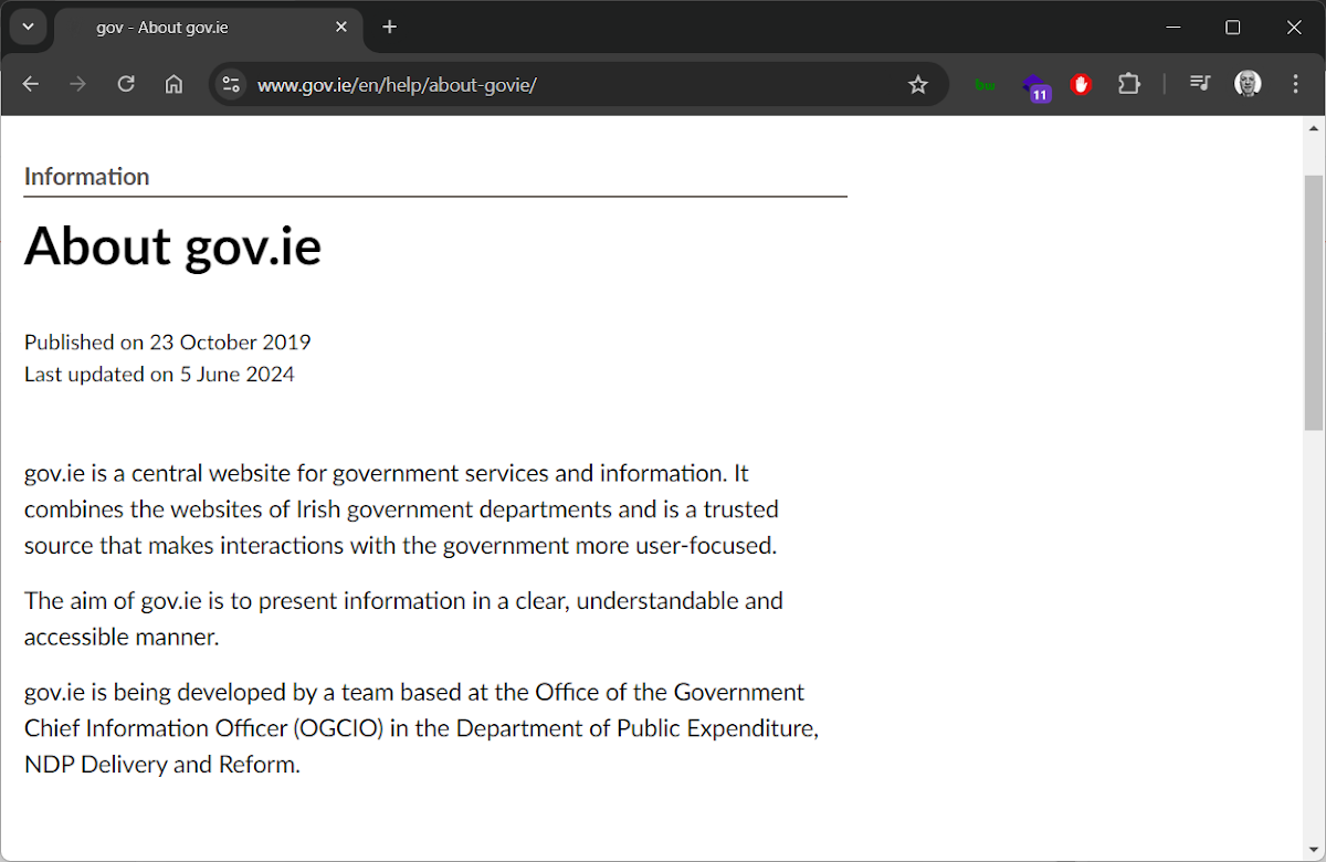 A screengrab of the about us page from the government of Ireland website