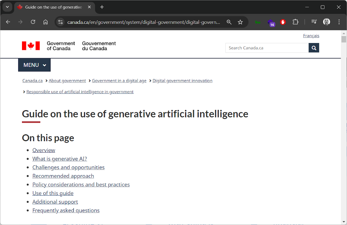 A screengrab of the government of Canada website about AI