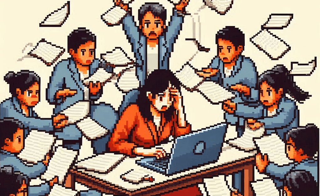 An exasperated woman typing on a computer surrounded by dozens of people who are giving her sheets of paper